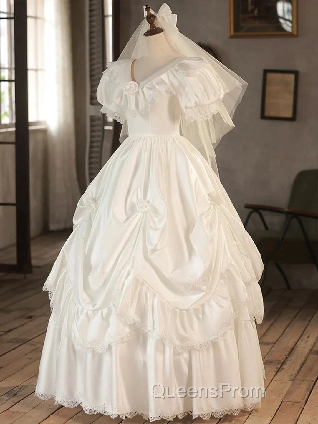 Satin Ball Gown Puffy Sleeves White V-Neck Wedding Dress