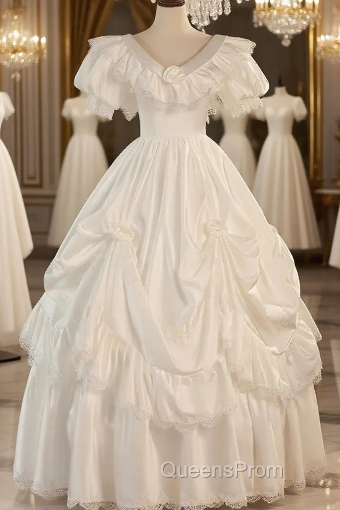 Satin Ball Gown Puffy Sleeves White V-Neck Wedding Dress Main image