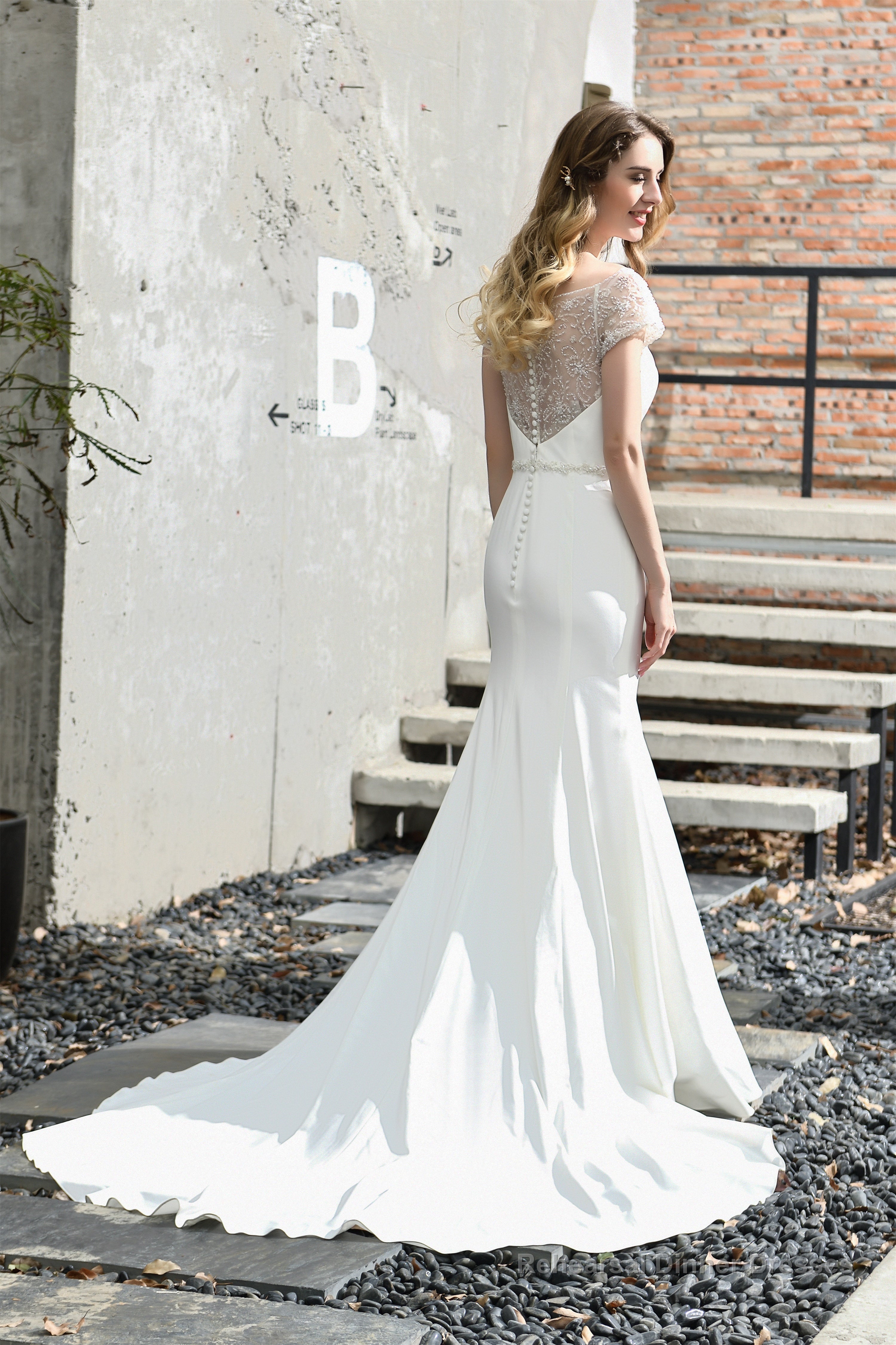 Satin Beaded Boat Neck Cap Sleeve Mermaid Wedding Dresses