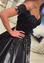 Satin Court Train A-Line/Princess Sleeveless Off-The-Shoulder Prom Dresses With Appliqued