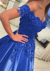 Satin Court Train A-Line/Princess Sleeveless Off-The-Shoulder Prom Dresses With Appliqued