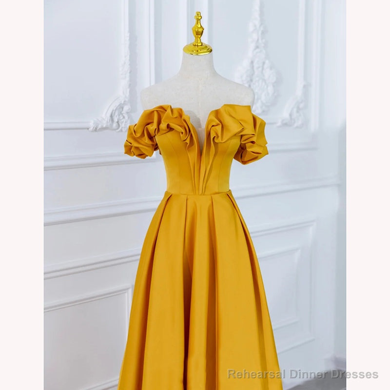 Satin Dark Yellow Off Shoulder Party Dress, A-line Satin Prom Dress Secondary image
