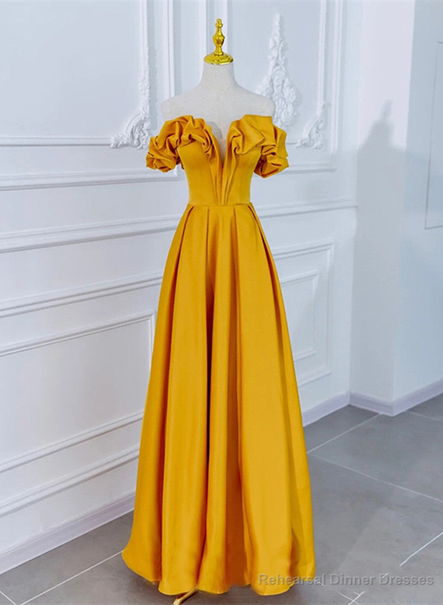 Satin Dark Yellow Off Shoulder Party Dress, A-line Satin Prom Dress Main image