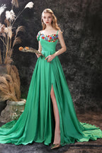 Satin Floral Applique High Split A Line Court Train Prom Dresses