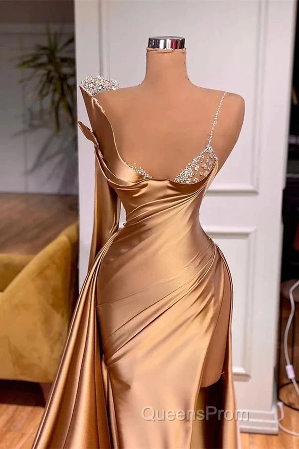 Satin Gold One Shoulder Mermaid Evening Prom Dress With Slit Secondary image