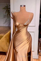 Satin Gold One Shoulder Mermaid Evening Prom Dress With Slit