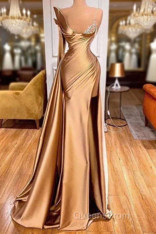 Satin Gold One Shoulder Mermaid Evening Prom Dress With Slit Main image