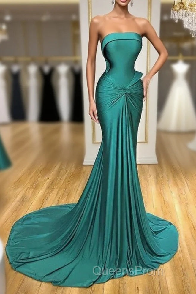 Satin Green Trumpet Mermaid Strapless Ruched Evening Prom Dress Main image