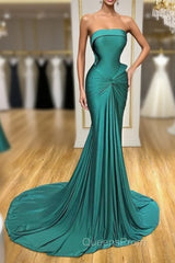 Satin Green Trumpet Mermaid Strapless Ruched Evening Prom Dress