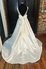 Satin Plunging Neck Bow-Back A-Line Long Wedding Dress