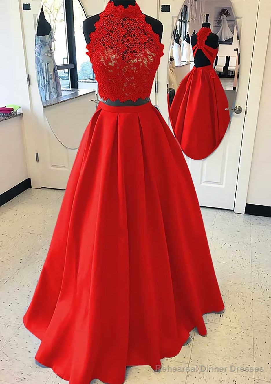 Satin Prom Dresses A-Line/Princess High-Neck Long/Floor-Length With Lace