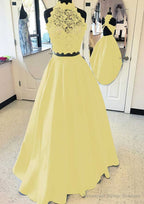 Satin Prom Dresses A-Line/Princess High-Neck Long/Floor-Length With Lace