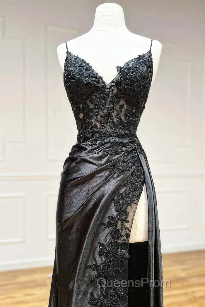 Satin Sheath Column Black Spaghetti Strap Evening Prom Dress With Slit Secondary image