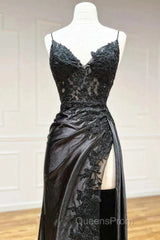 Satin Sheath Column Black Spaghetti Strap Evening Prom Dress With Slit