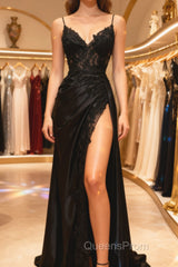 Satin Sheath Column Black Spaghetti Strap Evening Prom Dress With Slit
