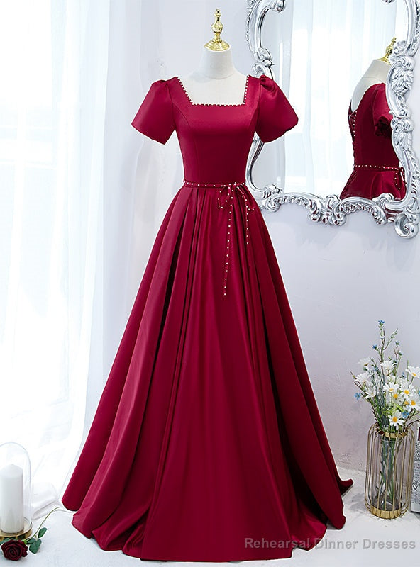 Satin Short Sleeve Square Pearls Prom Dress Main image