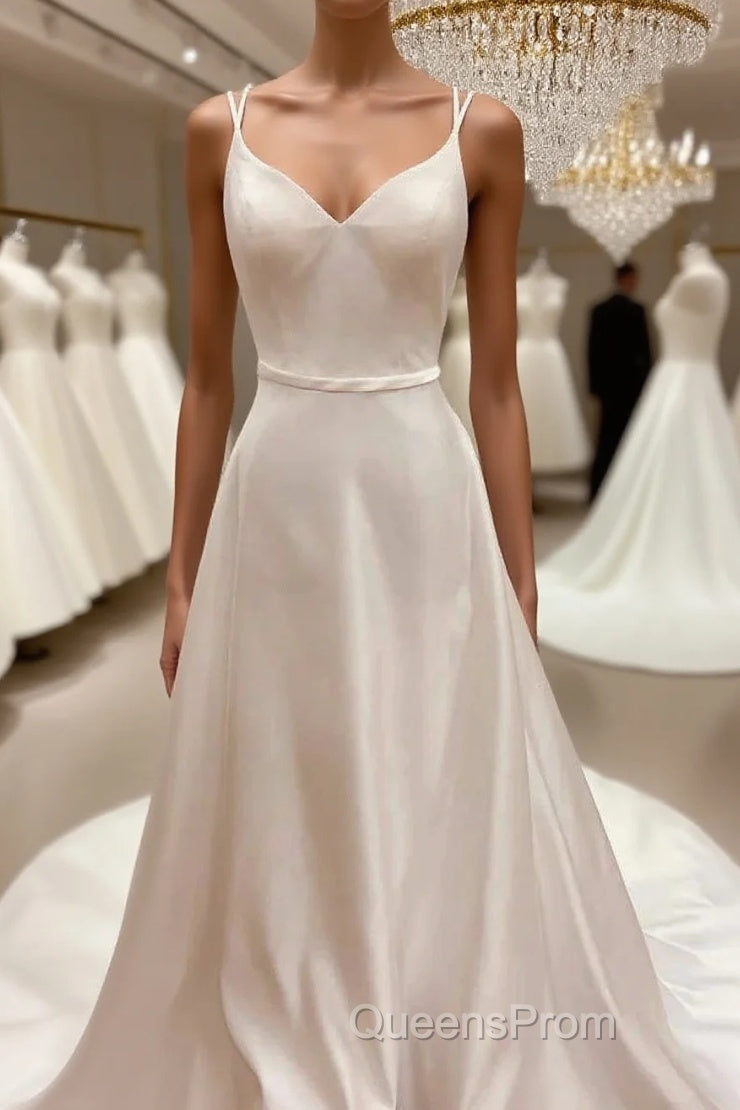 Satin Spaghetti Straps Backless Long Wedding Dress Main image