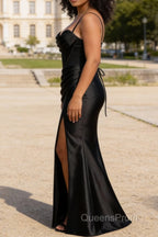 Satin Spaghetti Straps Black Prom Dress with Corset