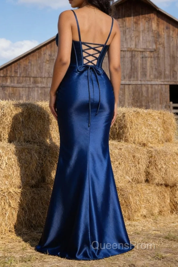 Satin Spaghetti Straps Royal Blue Prom Dress with Corset