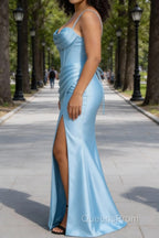 Satin Spaghetti Straps Sky Blue Prom Dress with Corset