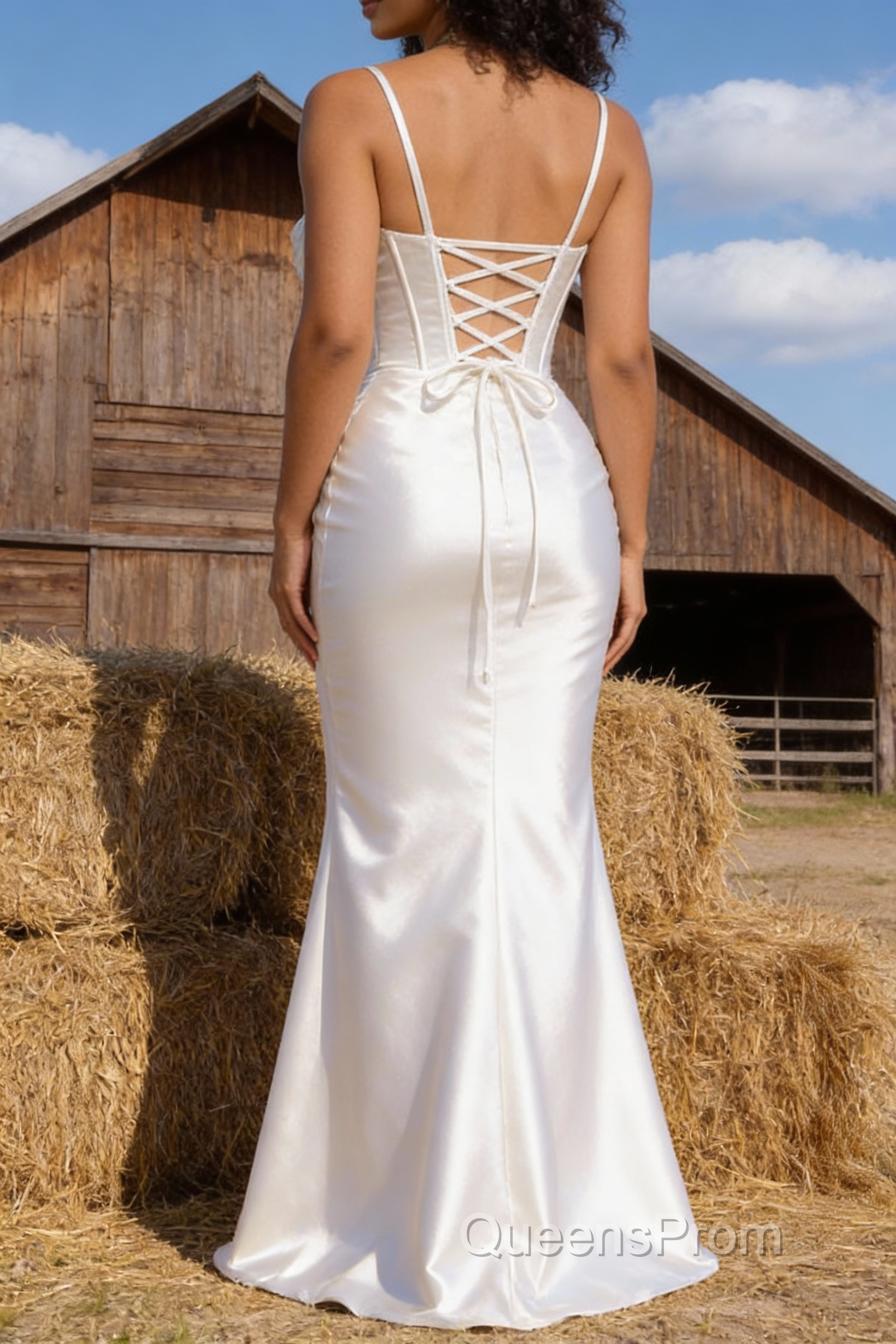 Satin Spaghetti Straps White Prom Dress with Corset Secondary image