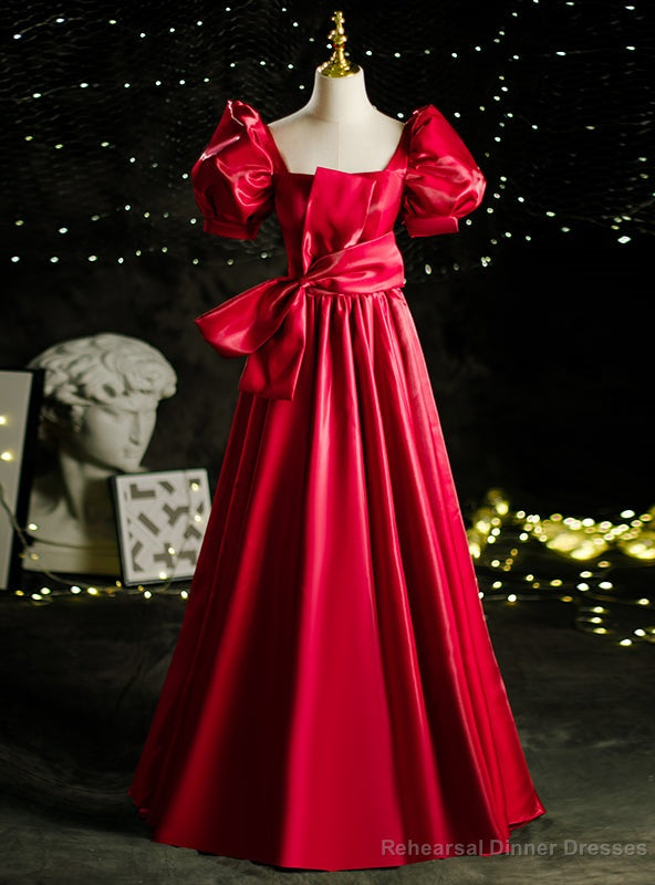 Satin Square Short Sleeve Prom Dress With Bow Main image