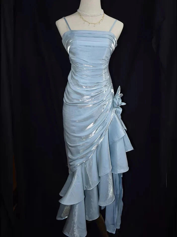 Green Retro Fashion Spaghetti Straps Long Irregular Ruffle Elegant Satin Ball Gown, Classy Evening Dress, Party Dress