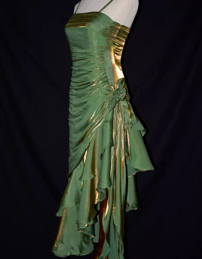 Green Retro Fashion Spaghetti Straps Long Irregular Ruffle Elegant Satin Ball Gown, Classy Evening Dress, Party Dress