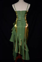Green Retro Fashion Spaghetti Straps Long Irregular Ruffle Elegant Satin Ball Gown, Classy Evening Dress, Party Dress