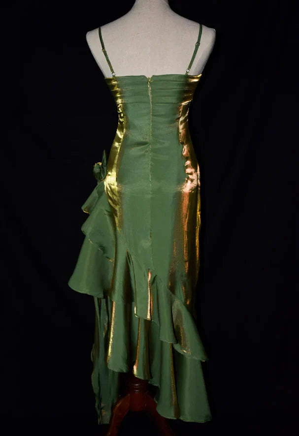 Green Retro Fashion Spaghetti Straps Long Irregular Ruffle Elegant Satin Ball Gown, Classy Evening Dress, Party Dress