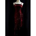 Green Retro Fashion Spaghetti Straps Long Irregular Ruffle Elegant Satin Ball Gown, Classy Evening Dress, Party Dress