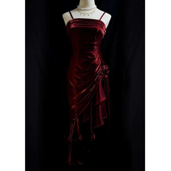 Green Retro Fashion Spaghetti Straps Long Irregular Ruffle Elegant Satin Ball Gown, Classy Evening Dress, Party Dress
