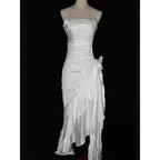 Green Retro Fashion Spaghetti Straps Long Irregular Ruffle Elegant Satin Ball Gown, Classy Evening Dress, Party Dress