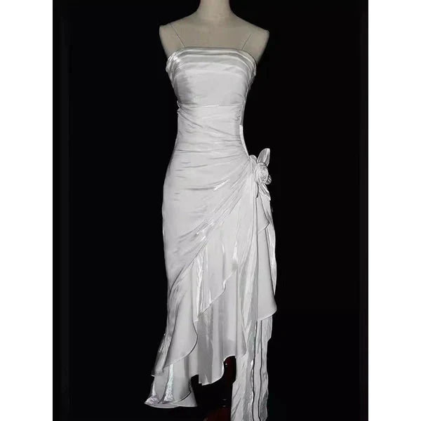 Green Retro Fashion Spaghetti Straps Long Irregular Ruffle Elegant Satin Ball Gown, Classy Evening Dress, Party Dress
