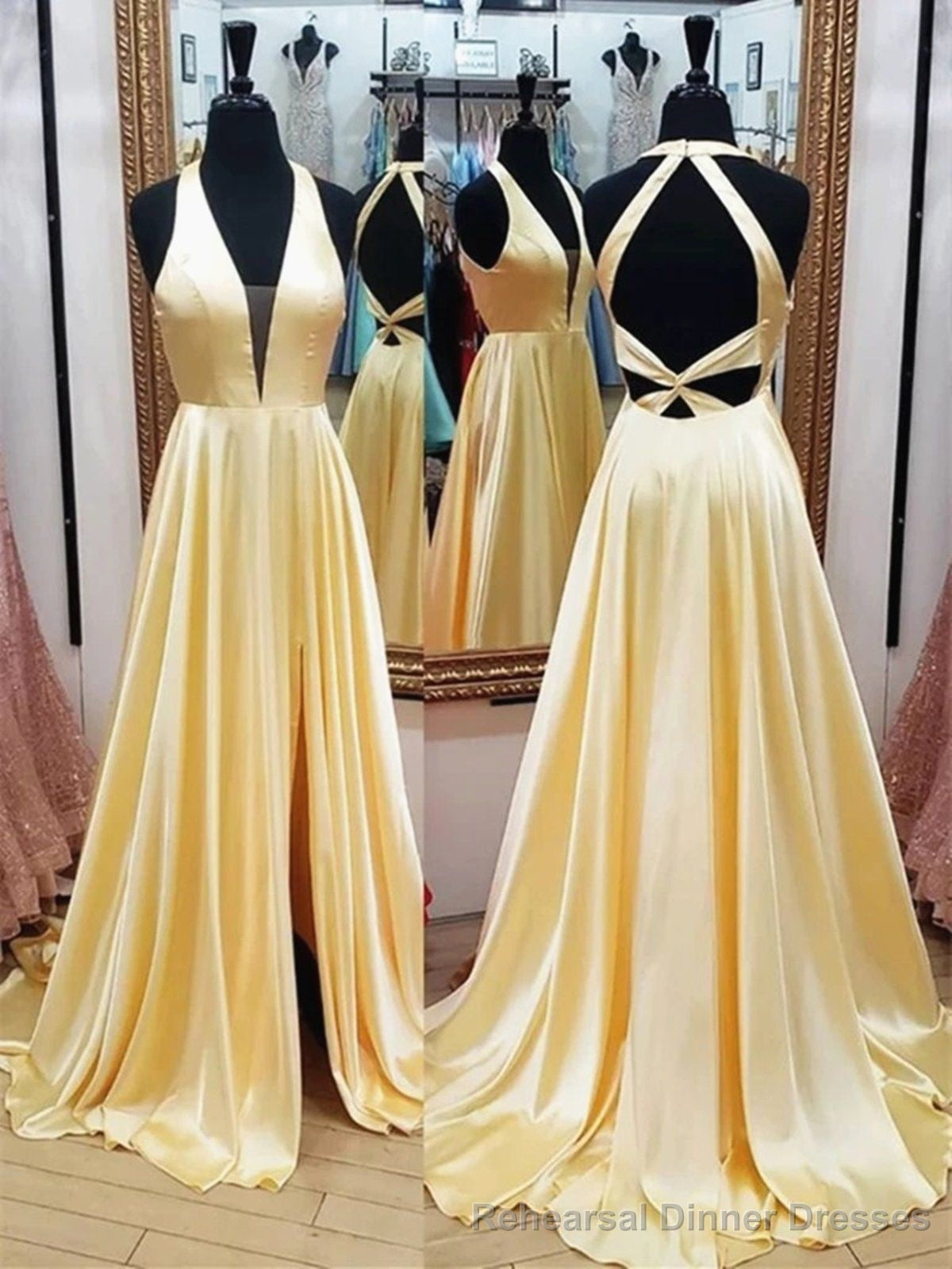 Satin Yellow Celebrity Prom Dress With Plunging V-Neckline Secondary image