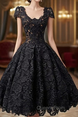 Scoop Knee-Length Cap Sleeves Ball Gown Lace Homecoming Dress