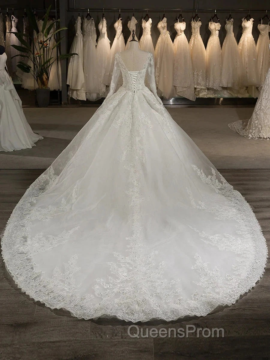 Scoop Long Sleeves Tulle Applique With Beading Chapel Train Ball Gown Wedding Dress Secondary image