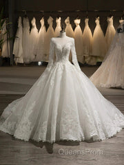 Scoop Long Sleeves Tulle Applique With Beading Chapel Train Ball Gown Wedding Dress