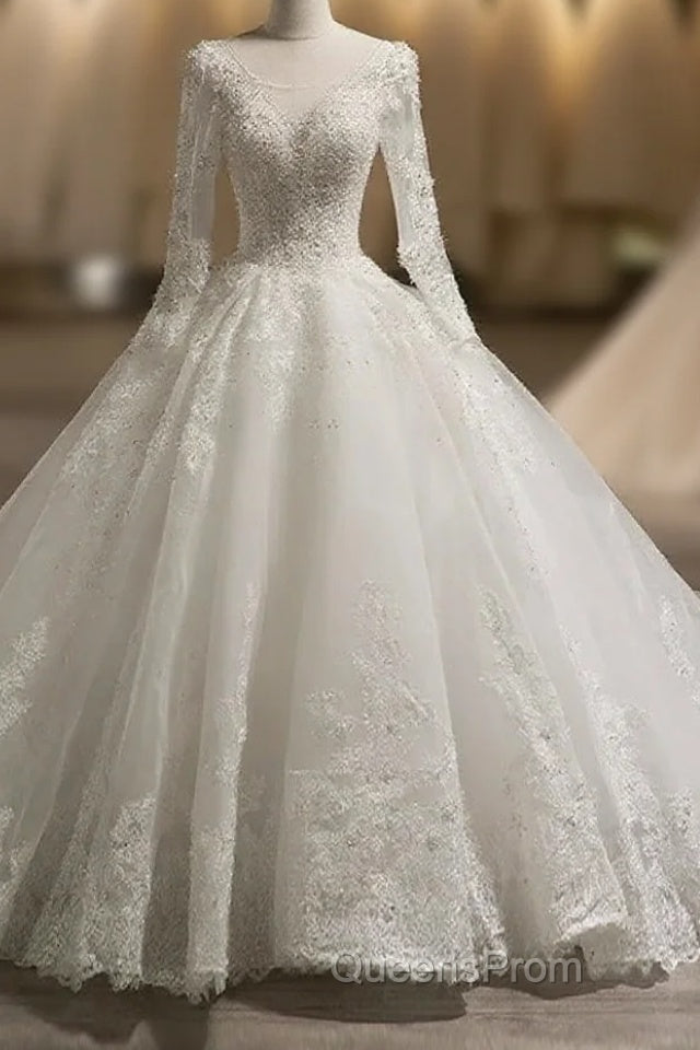 Scoop Long Sleeves Tulle Applique With Beading Chapel Train Ball Gown Wedding Dress Main image