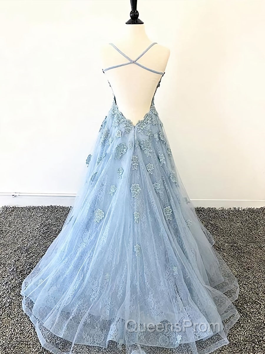 Scoop Neck Light Blue Backless Lace Evening Prom Dress, Scoop Neck Blue Lace Formal Evening Dress Secondary image