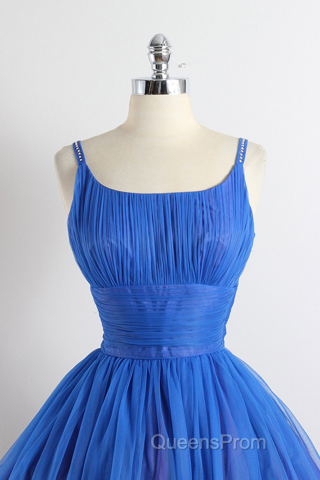 Scoop Neckline Royal Blue Party Dress, A-Line Spaghetti Strap Short Evening Dress Secondary image