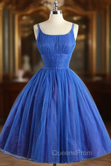 Scoop Neckline Royal Blue Party Dress, A-Line Spaghetti Strap Short Evening Dress