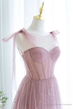 Scoop Neckline Tulle Pink Long Prom Dress, Cute A-Line Evening Party Dress