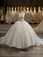 Scoop Sleeveless Tulle Embroidery With Beading Court Train Ball Gown Wedding Dress