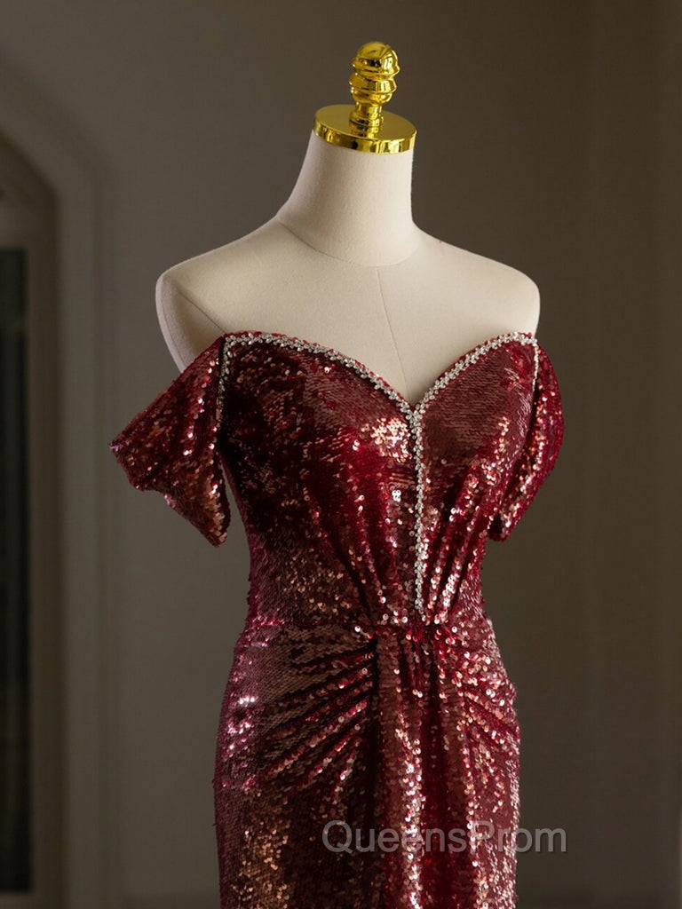 Simple Off Shoulder Sequin Burgundy Long Evening Prom Dress, Burgundy Long Evening Dress Secondary image