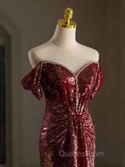Simple Off Shoulder Sequin Burgundy Long Evening Prom Dress, Burgundy Long Evening Dress