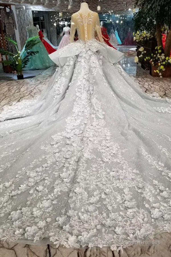 Gorgeous Lace Appliques Tulle Long Sleeves Monarch Train Ball Gown Wedding Dresses Main image