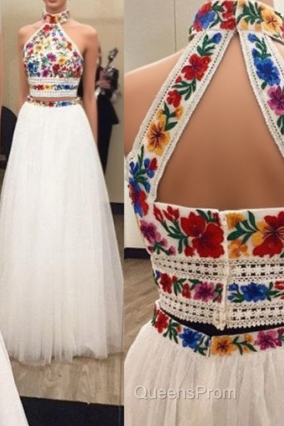 Two Piece High Neck Long Evening Prom Dress with Appliques, Unique Sleeveless Party Dress Main image