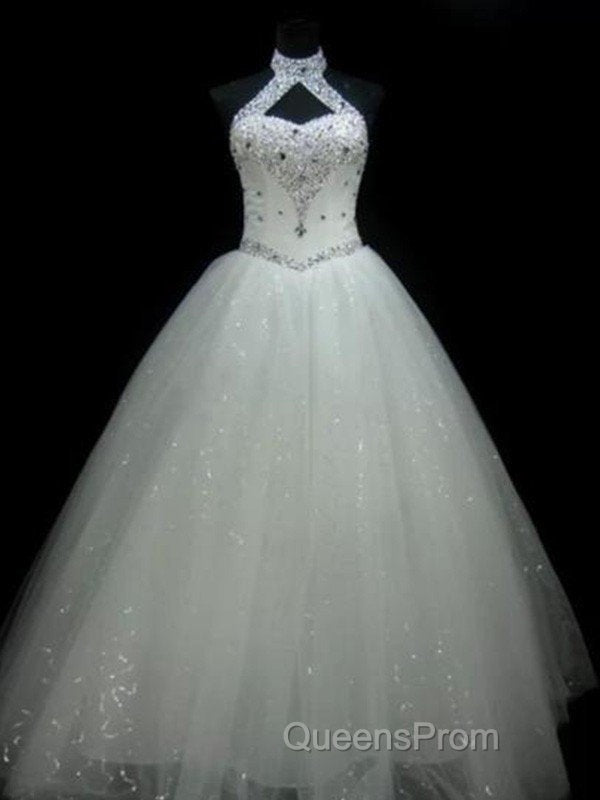 Sequin Ball Gown Sleeveless Floor Length Beading Tulle Halter Wedding Dress