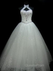 Sequin Ball Gown Sleeveless Floor Length Beading Tulle Halter Wedding Dress